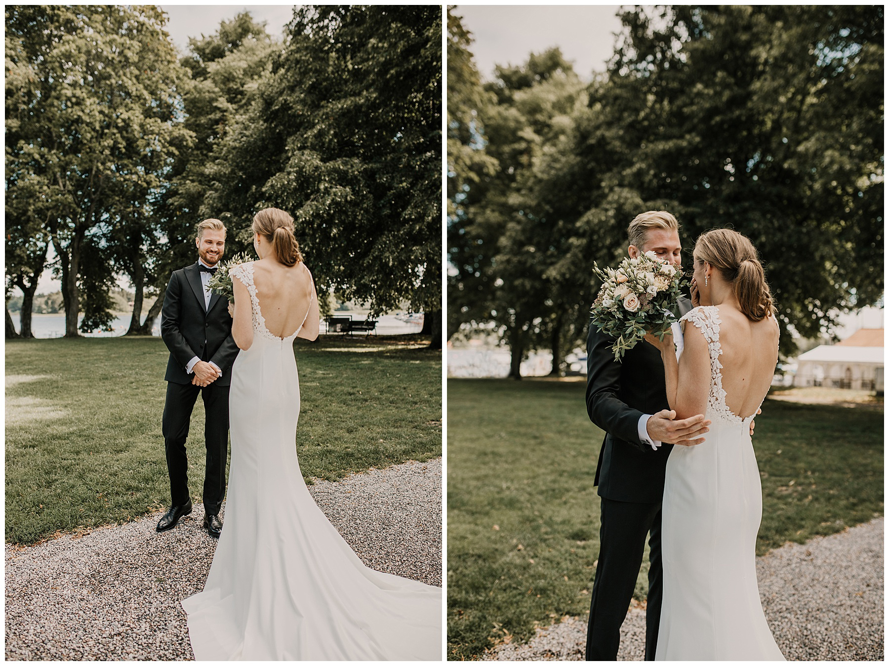 Bröllopsfotografens bilder på first look på sundbyholms slott